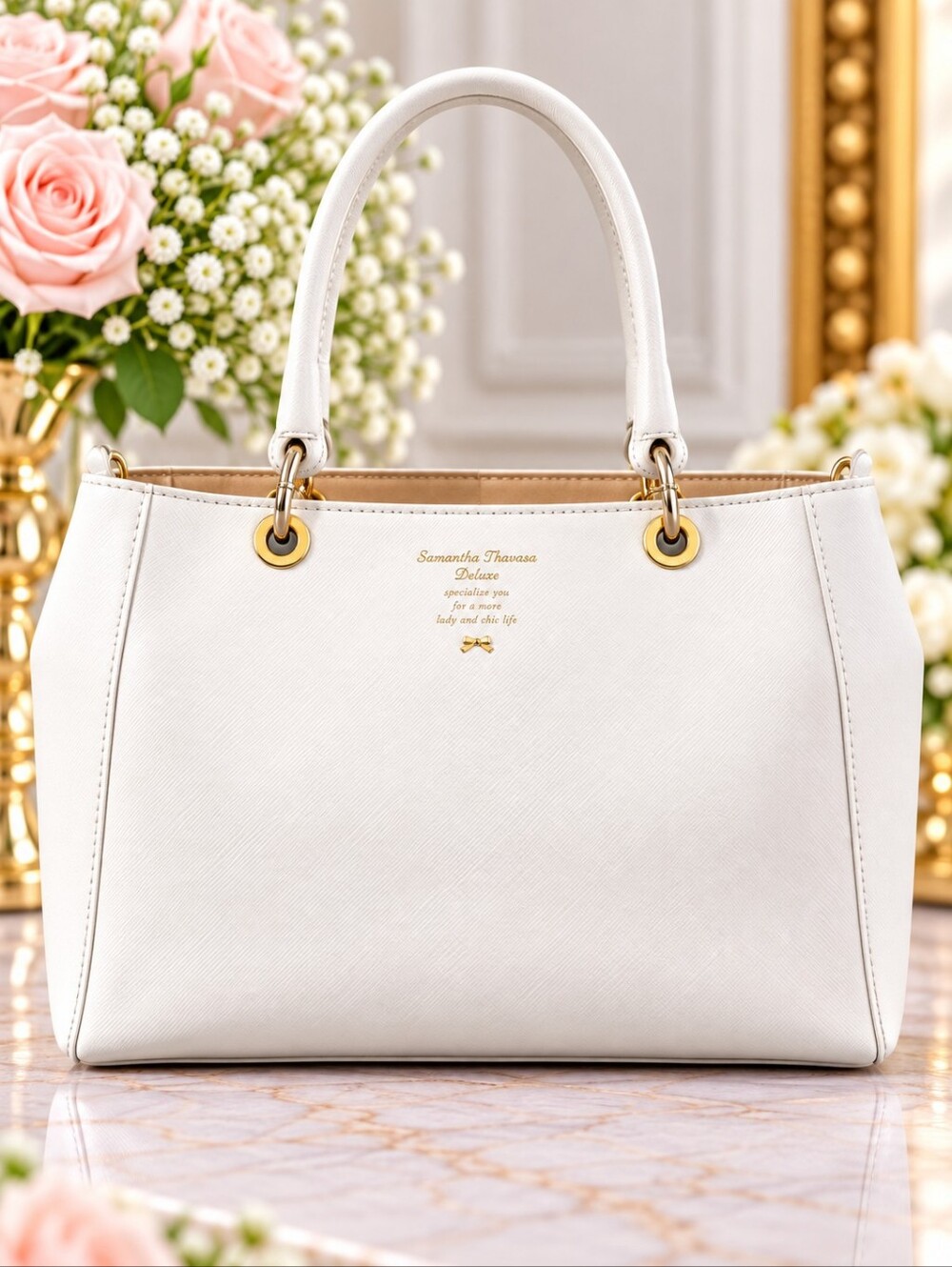 Samantha Thavasa Deluxe White Leather Tote Shoulder Bag Gold Hardware Purse